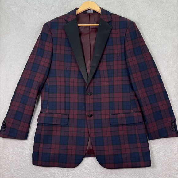 Jos. A. Bank Slim Fit Blazer Plaid Tuxedo Jacket Burgundy Blue Mens 43R Preppy - Picture 1 of 10